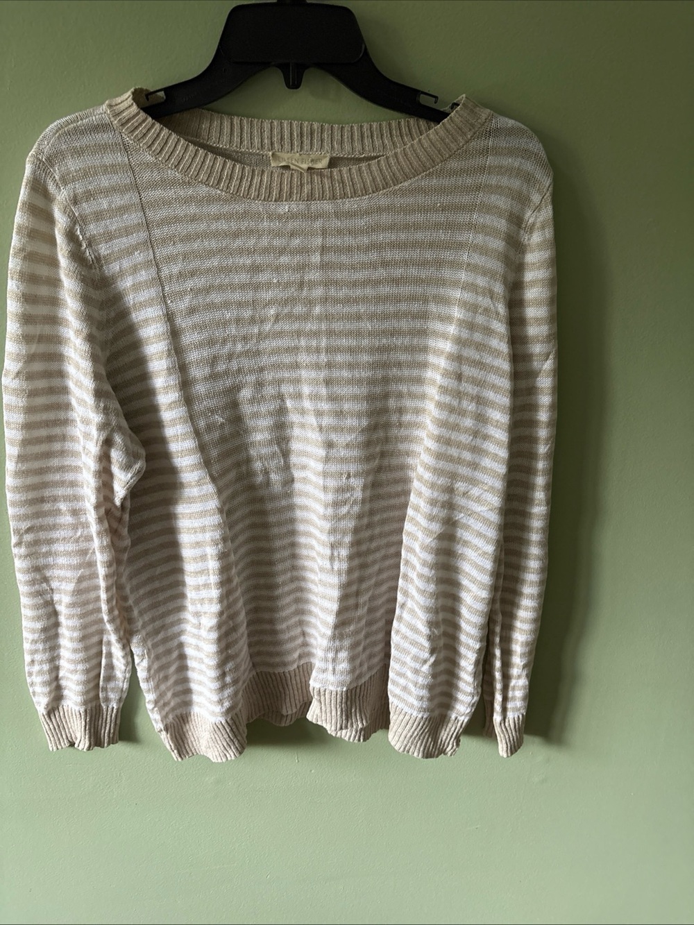 Eileen Fisher 100% Organic Linen Long Sleeve Striped Sweater Large Tan/ White